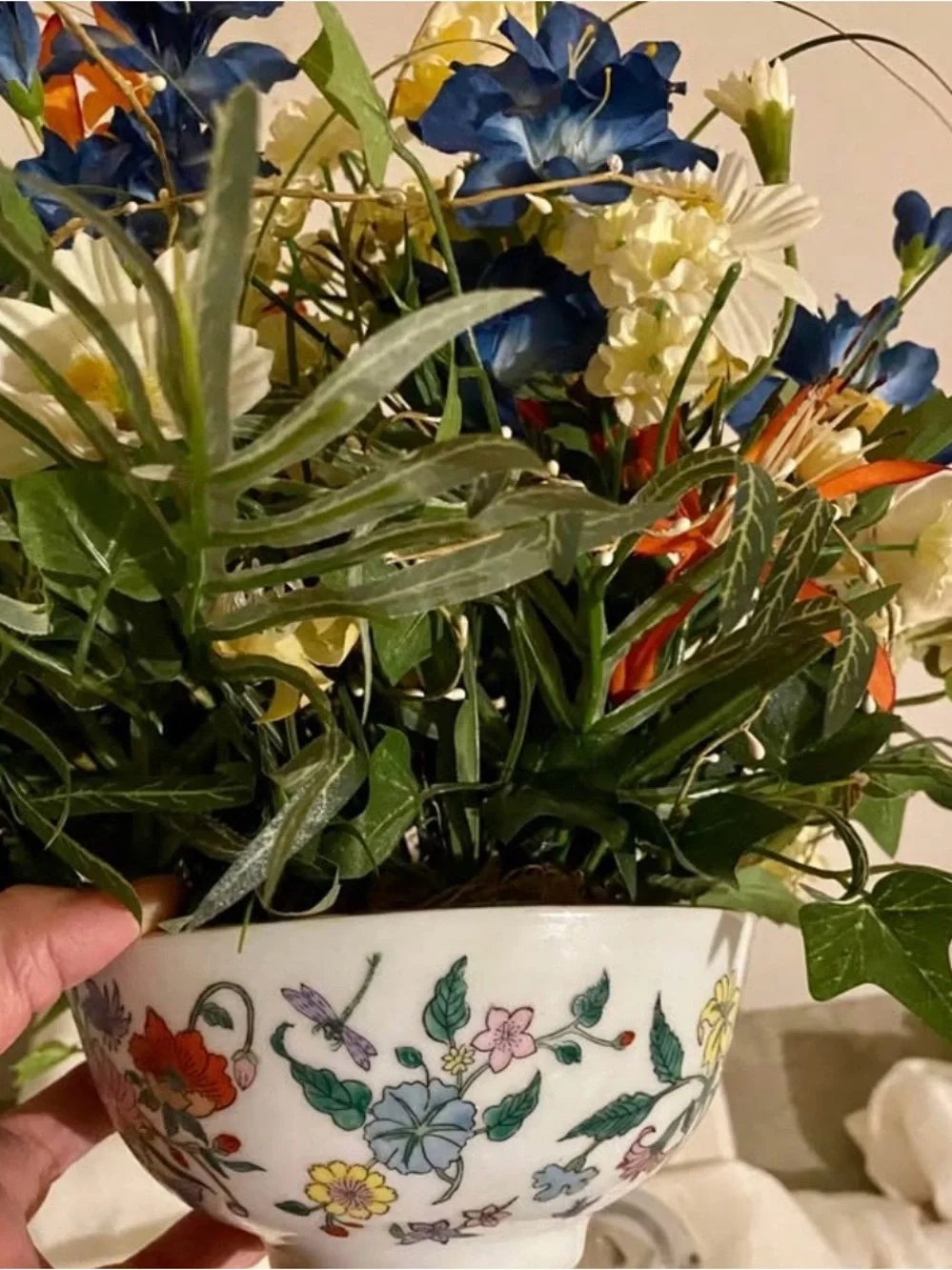 Grandmillennial Floral Arrangement in Decorative Porcelain Bowl English Country
